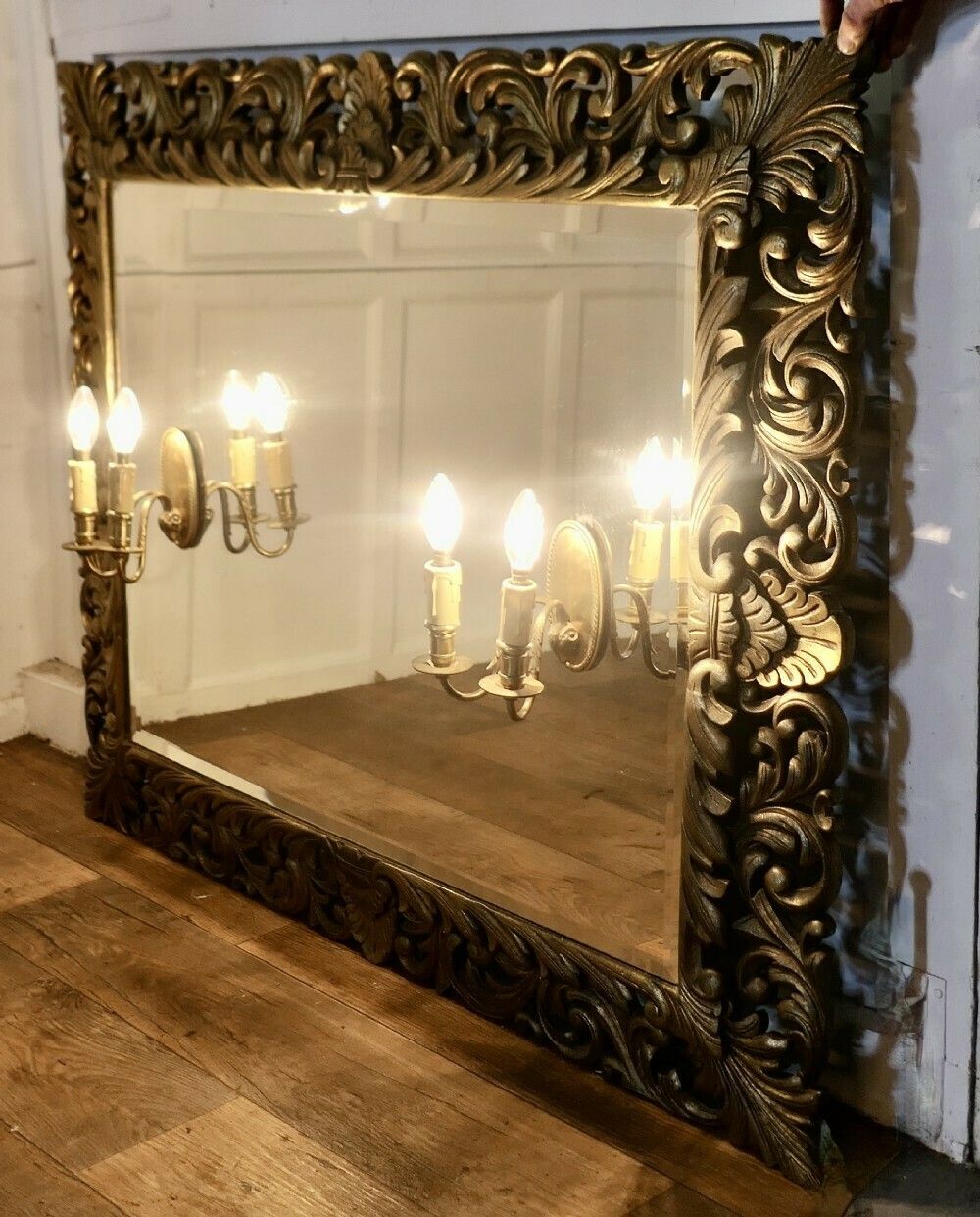 Large French Gothic Gilt Overmantel Mirror With Twin Sconces photo for sale