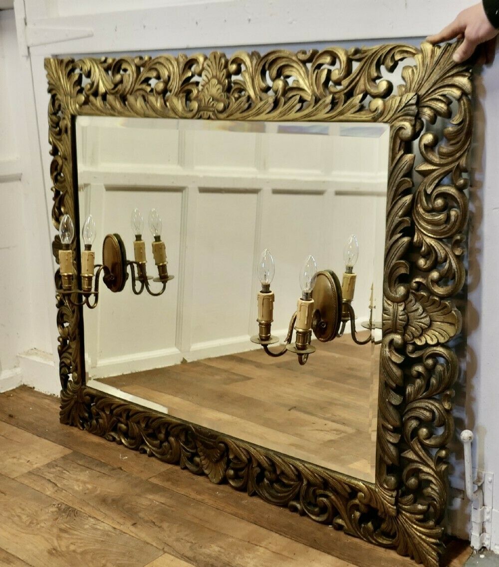 Large French Gothic Gilt Overmantel Mirror With Twin Sconces photo Home Decor