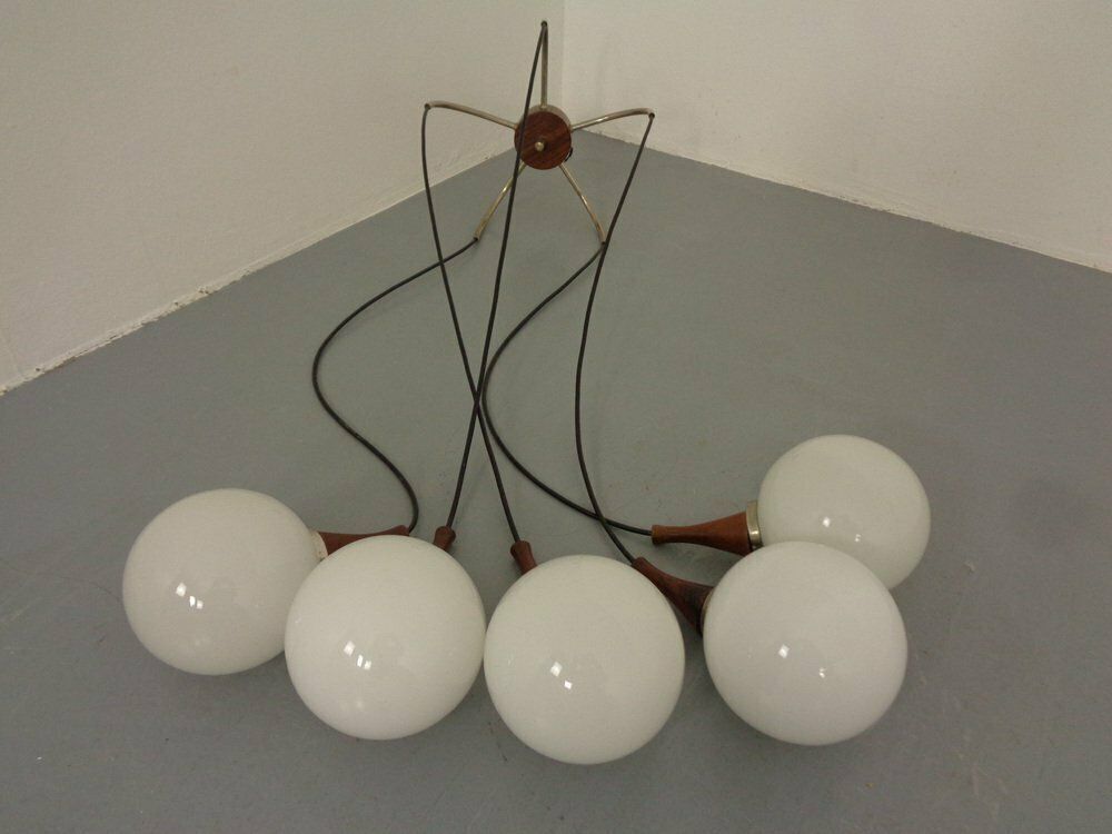 photo vintage Danish Glass And Rosewood Cascade Ceiling Lamp, 1960s
