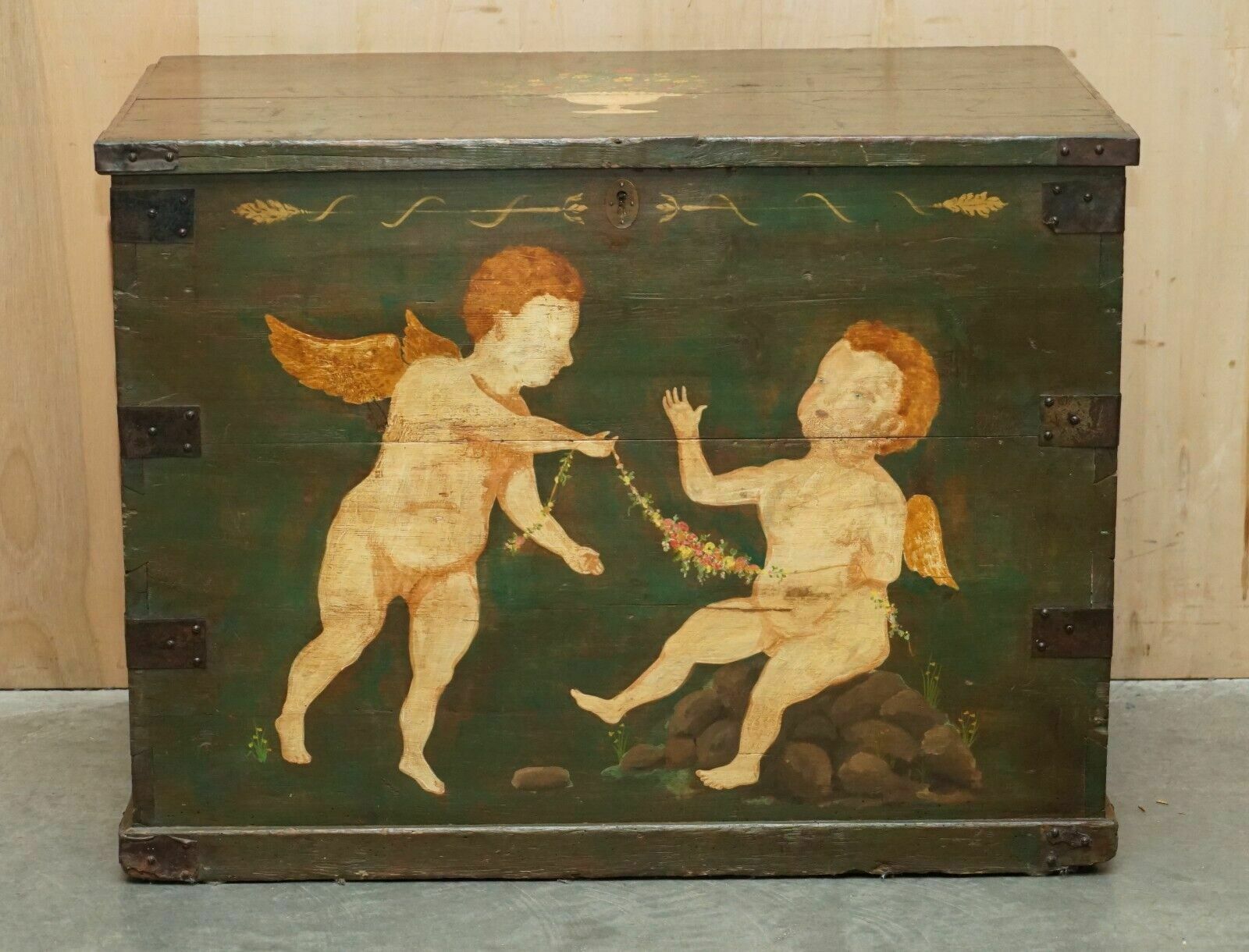 1860 Italian Original Paint Extra Large Storage Trunk Or Chest Cherub Paintings photo furniture