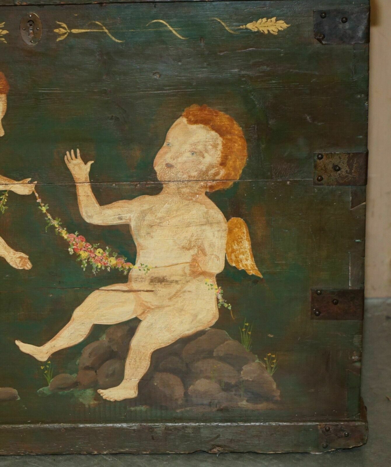 1860 Italian Original Paint Extra Large Storage Trunk Or Chest Cherub Paintings photo vinterior