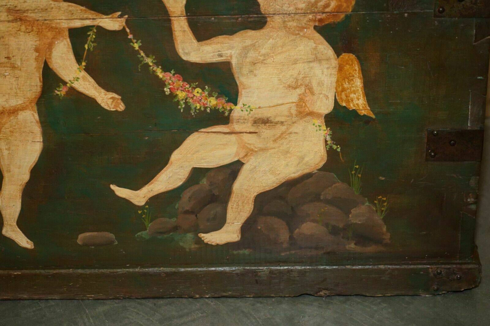 1860 Italian Original Paint Extra Large Storage Trunk Or Chest Cherub Paintings photo vintage