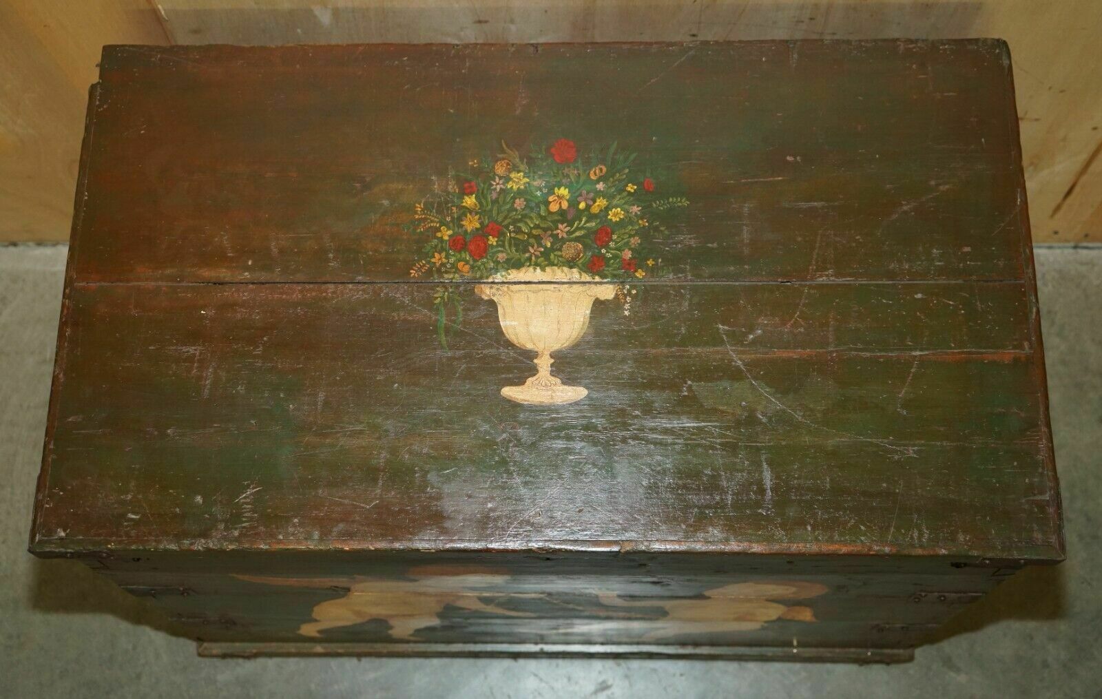 photo furniture 1860 Italian Original Paint Extra Large Storage Trunk Or Chest Cherub Paintings