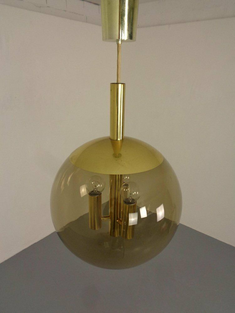 Large Smoked Glass & Brass Ceiling Lamp From Limburg, 1960s photo Lighting