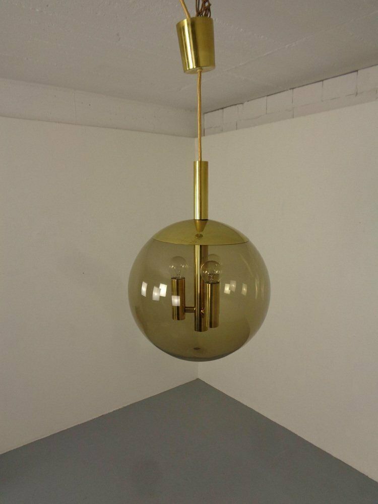 Large Smoked Glass & Brass Ceiling Lamp From Limburg, 1960s photo vintage