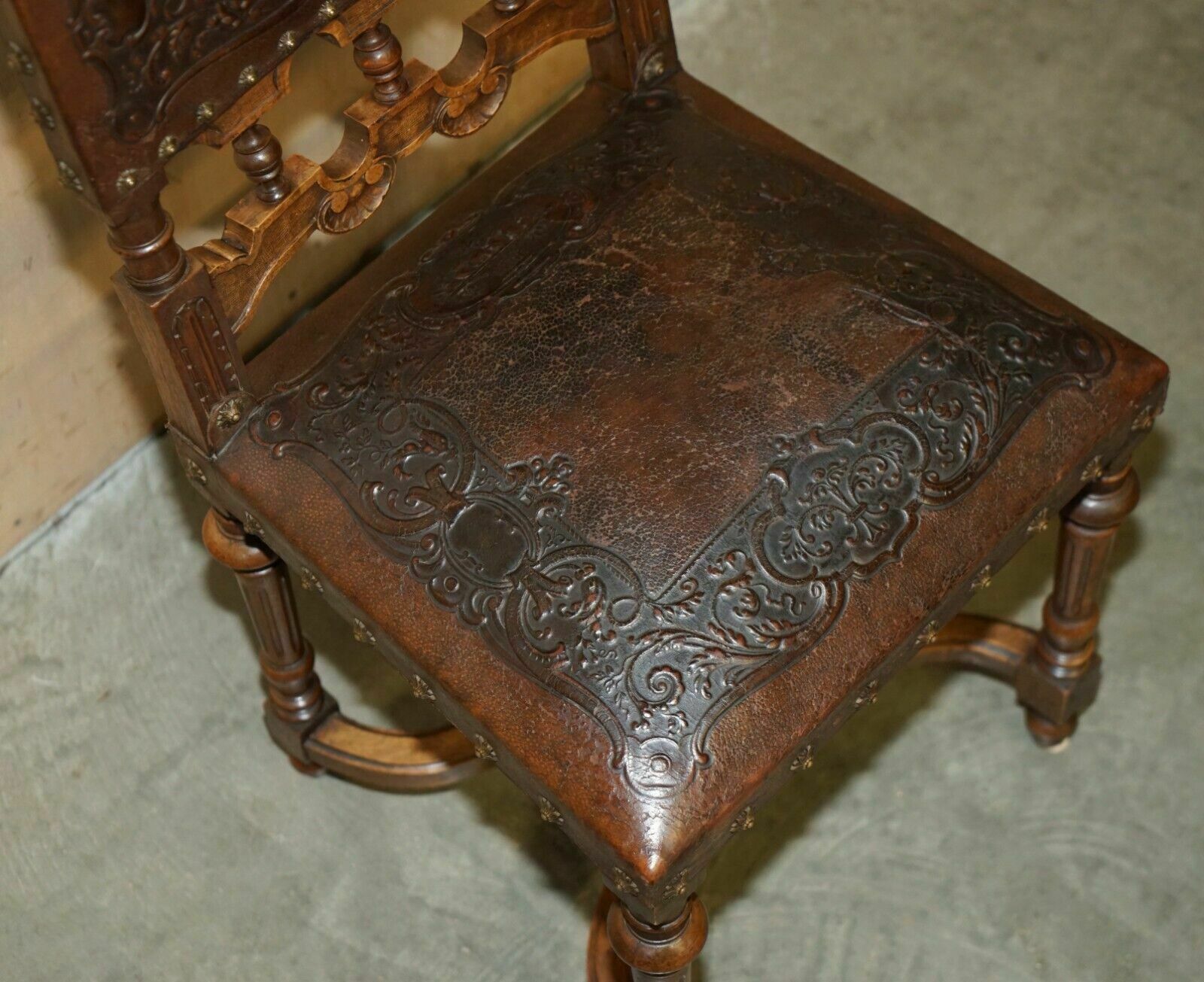 Furniture Lovely Set Of 6 Henry II Circa 1880 French Oak & Embossed Leather Dining Chairs photo