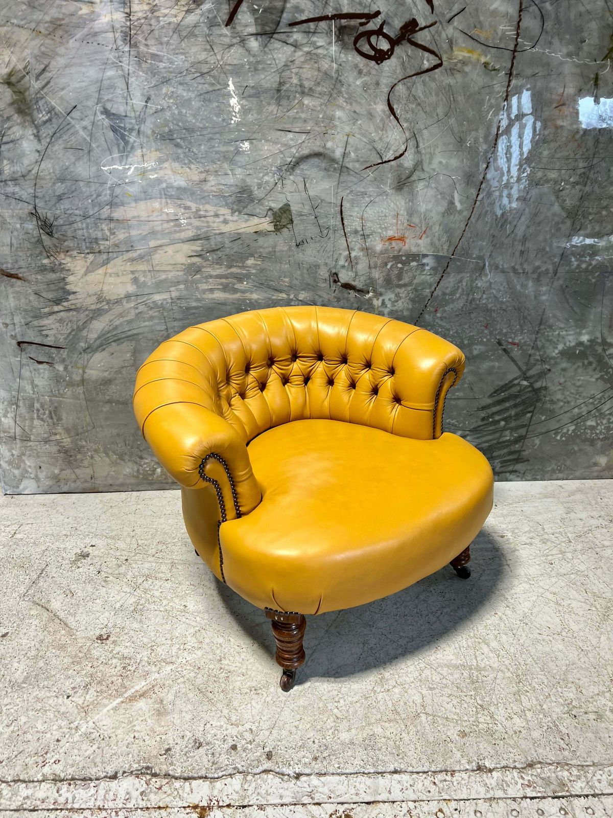 A Very Neat Antique 19thc Tub Side Chair In Yellow Leathers photo Furniture