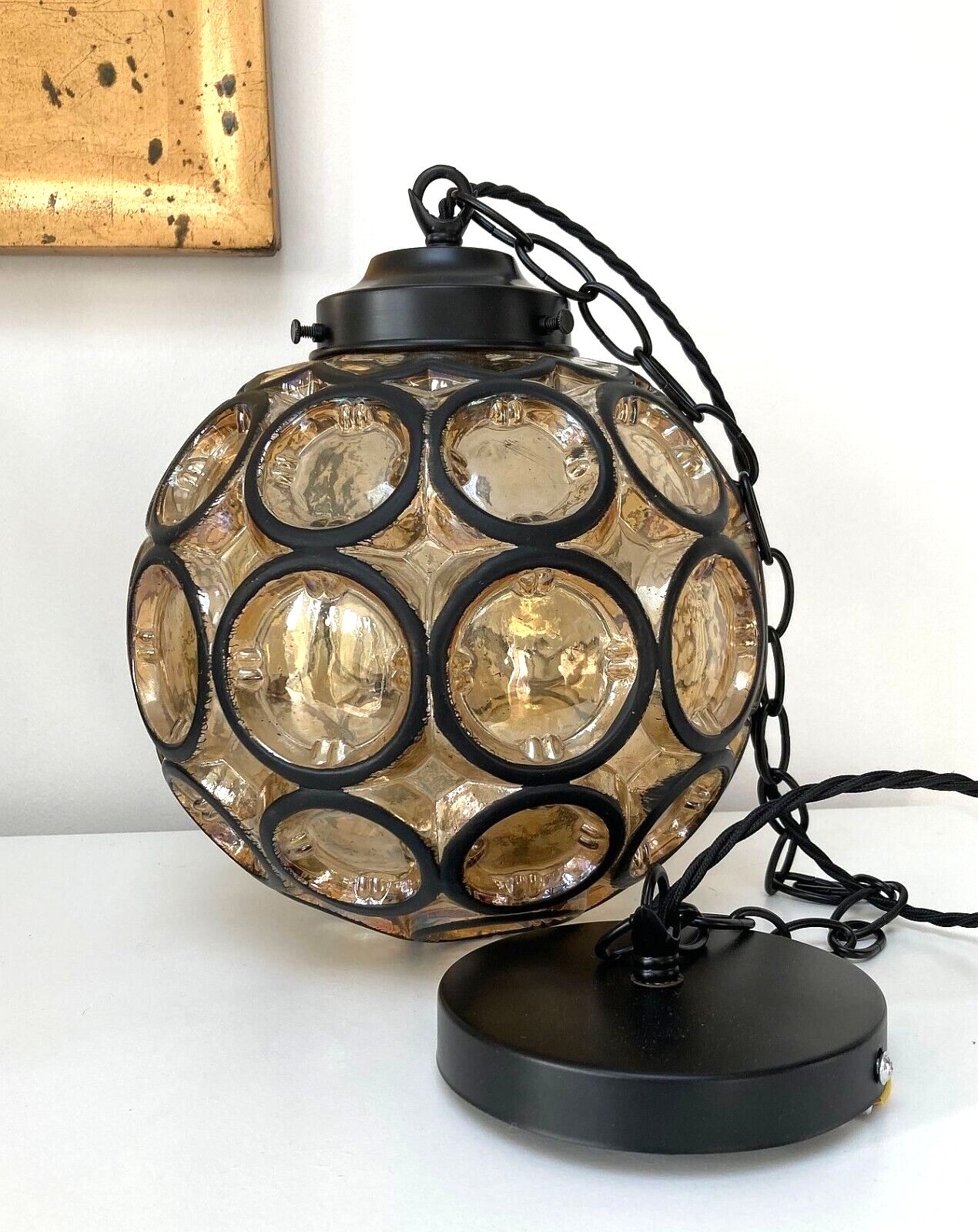 Vintage Amber Glass Ceiling Light Shade Complete Fitting Rewired