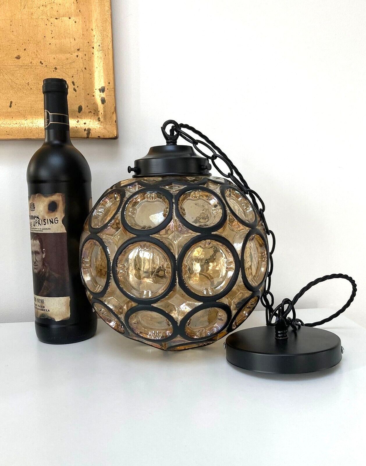 Vintage Amber Glass Ceiling Light Shade Complete Fitting Rewired photo for sale