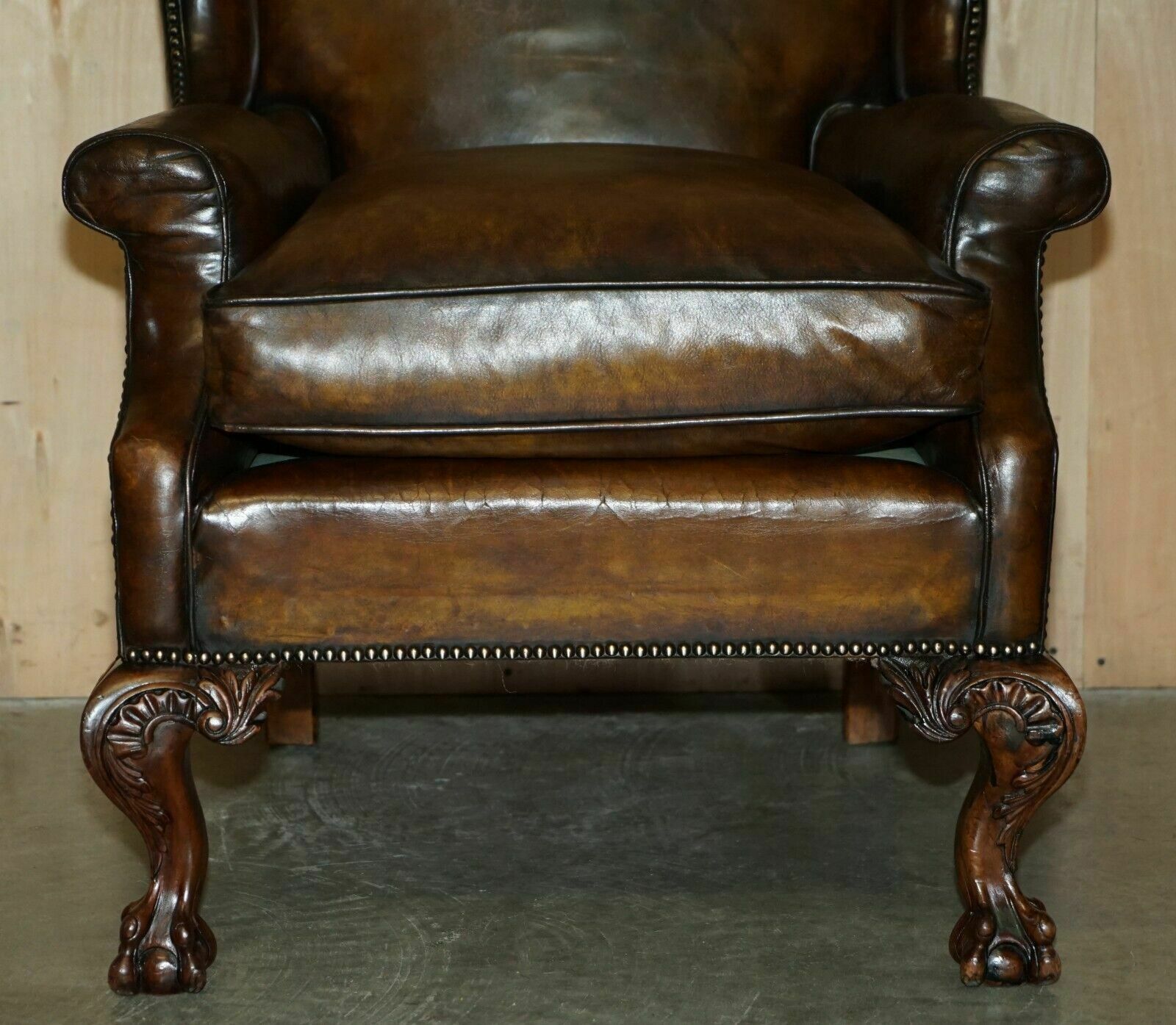 photo for sale Important Restored George II Period Circa 1760 Wingback Brown Leather Armchair