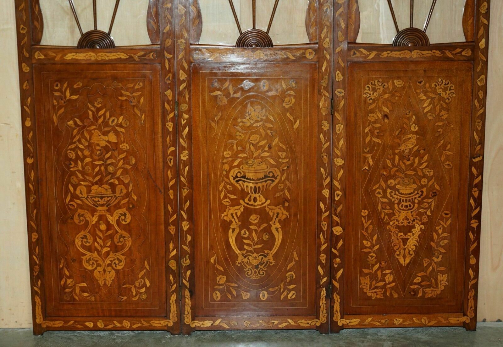 photo furniture Pair Of Finest Quality Dutch Mahogany & Walnut Three Fold Screens Room Dividers