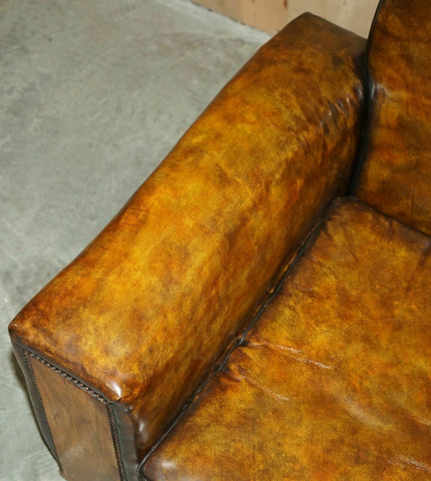 photo furniture Fully Restored Antique Art Deco Brown Leather Walnut Framed Club Odeon Armchair