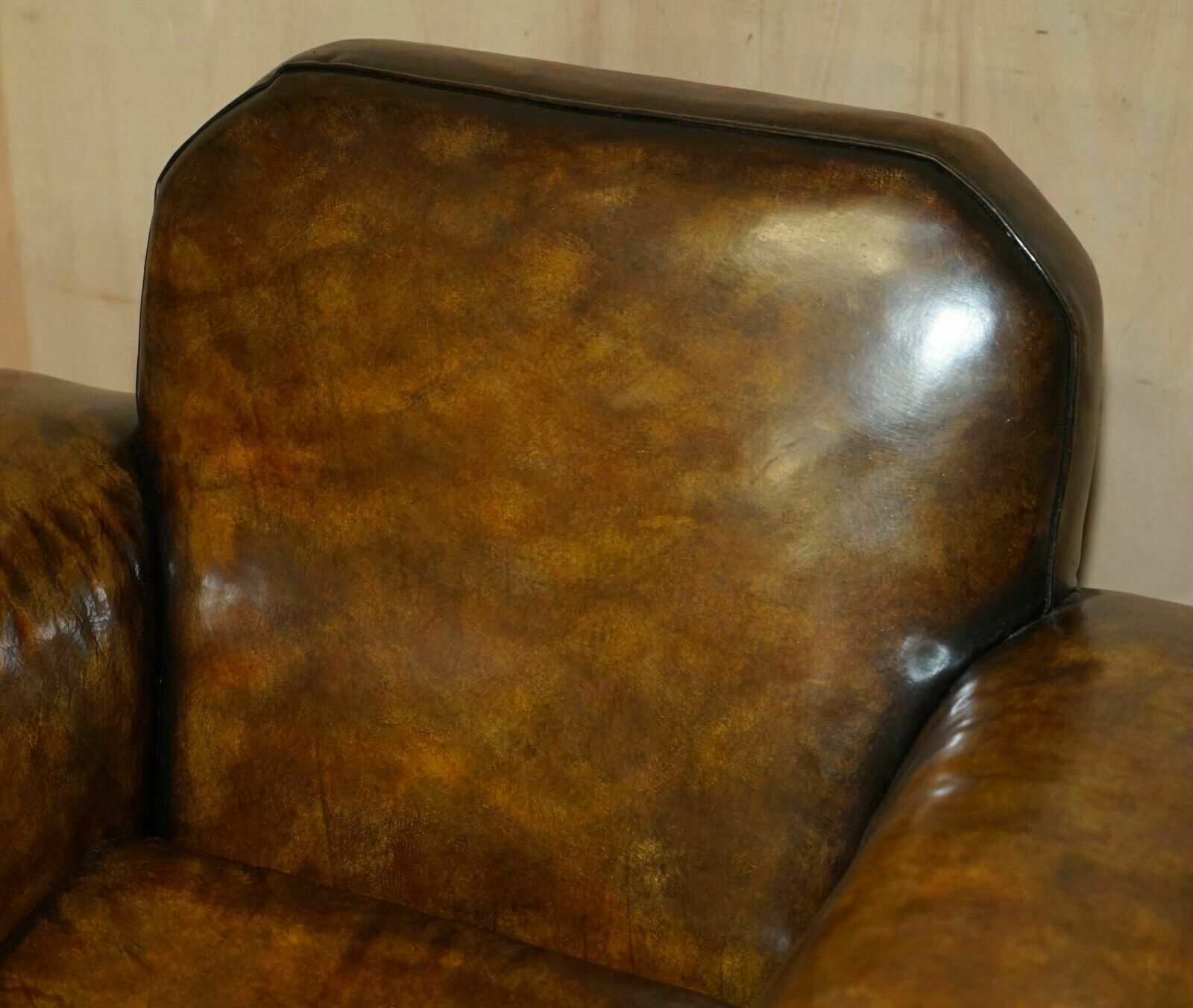 photo for sale Fully Restored Antique Art Deco Brown Leather Walnut Framed Club Odeon Armchair
