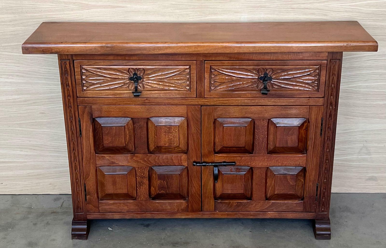 19th Spanish Narrow Baroque Carved Walnut Tuscan Two Drawer Credenza Or Buffet photo furniture
