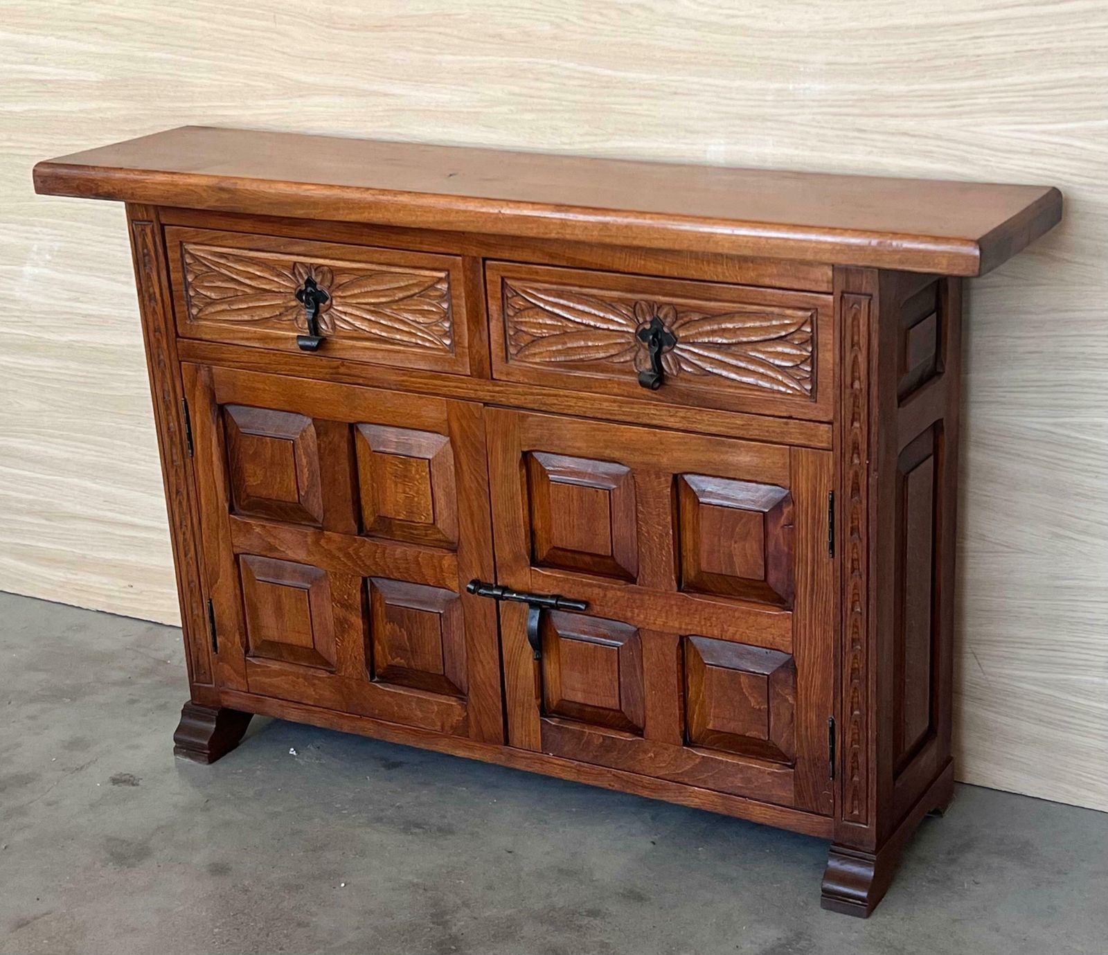 19th Spanish Narrow Baroque Carved Walnut Tuscan Two Drawer Credenza Or Buffet photo Furniture