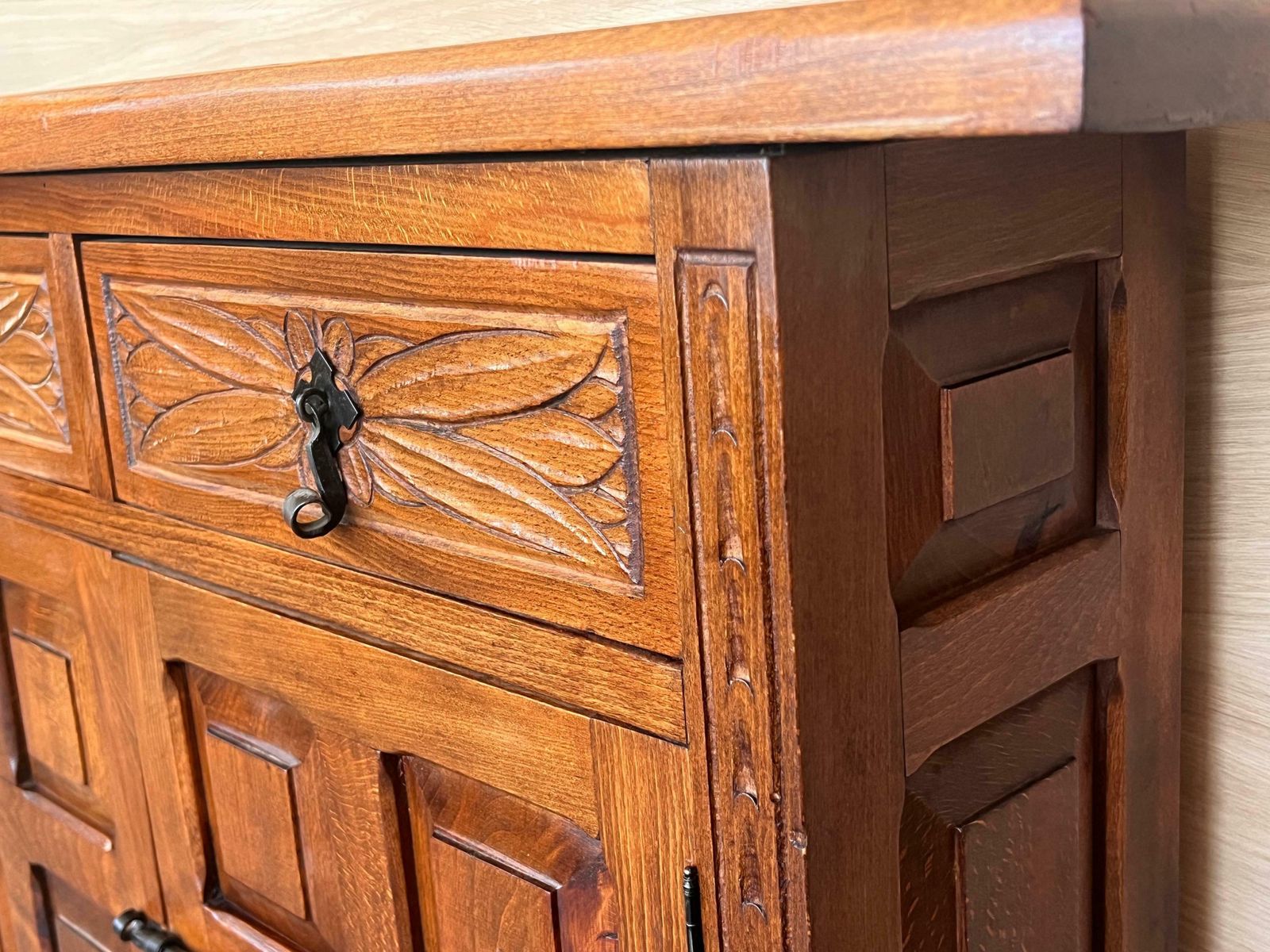 19th Spanish Narrow Baroque Carved Walnut Tuscan Two Drawer Credenza Or Buffet photo vinterior