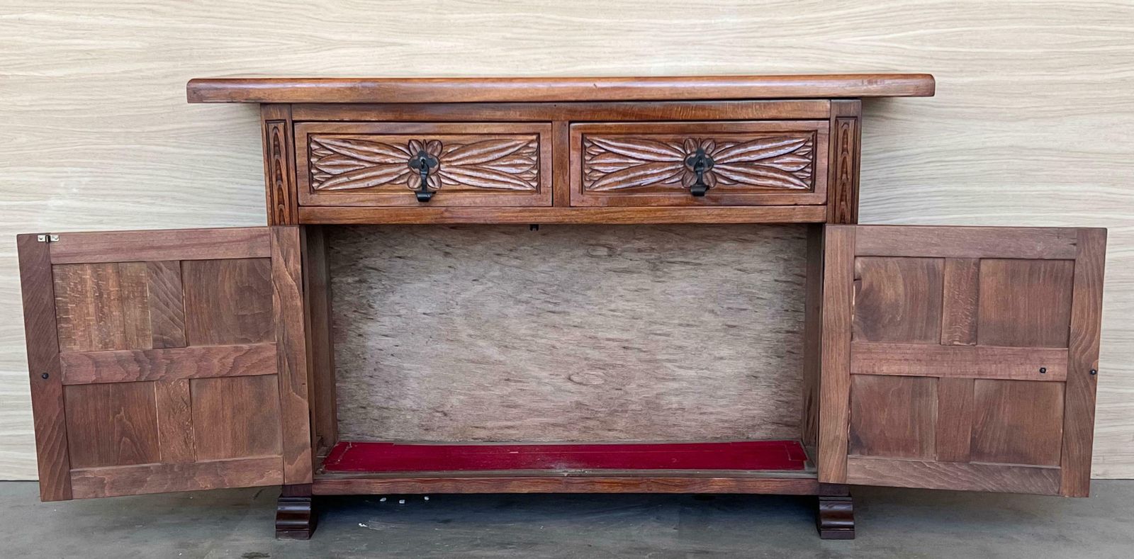 19th Spanish Narrow Baroque Carved Walnut Tuscan Two Drawer Credenza Or Buffet photo buy