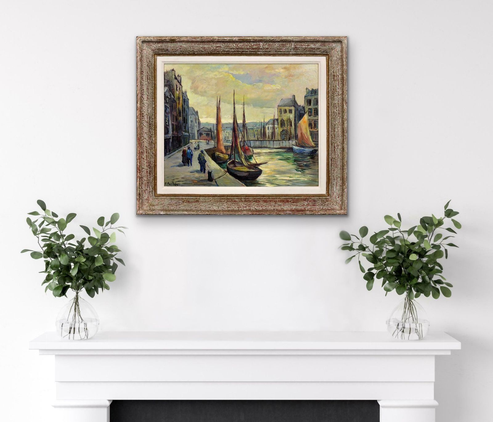 photo for sale Fred Pailhes 1902 To 1991. Promenade Le Havre Harbour. France 1950s Normandy. French Mid 20th Century Montparnasse Framed Oil Painting.