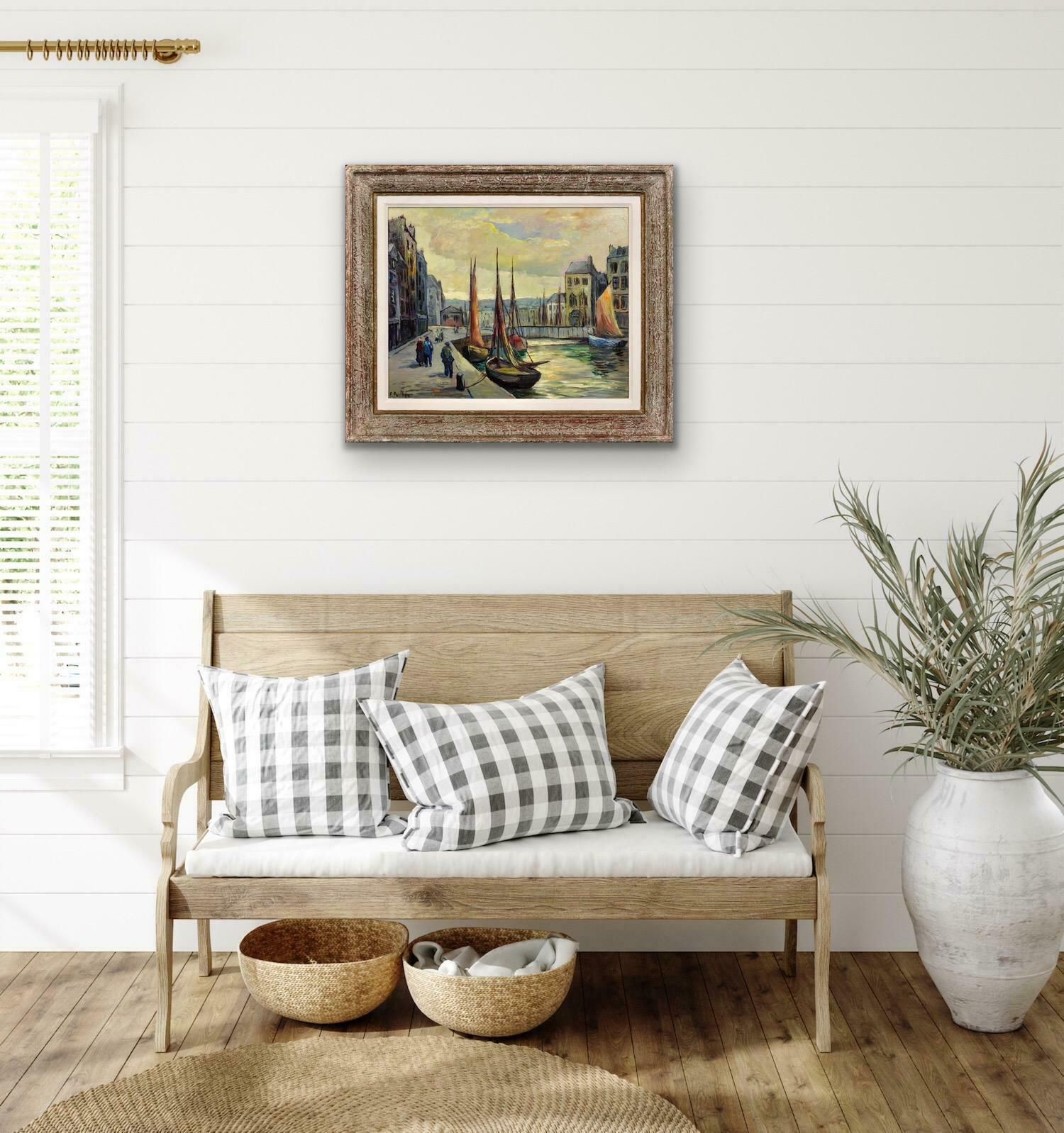 photo vinterior Fred Pailhes 1902 To 1991. Promenade Le Havre Harbour. France 1950s Normandy. French Mid 20th Century Montparnasse Framed Oil Painting.