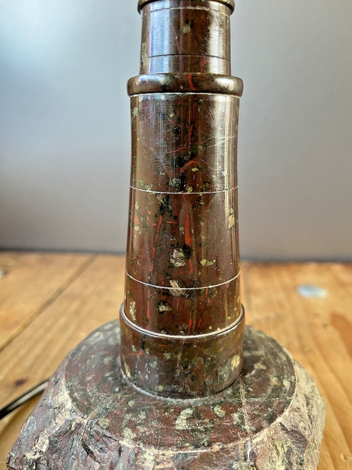 Vintage Cornish Serpentine Marble Lighthouse Desk Table Light Lamp Base Retro photo vintage