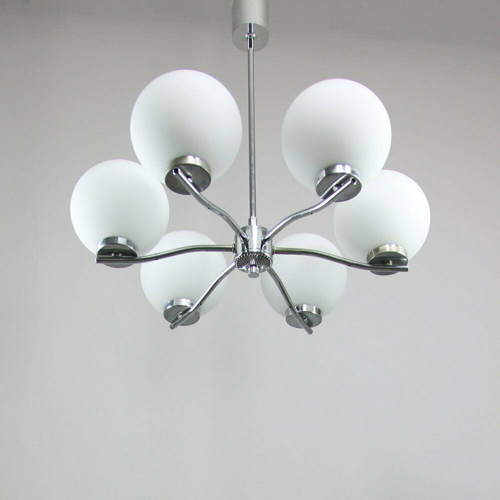 Vintage Italian Chrome And Opaline Chandelier, 1970s