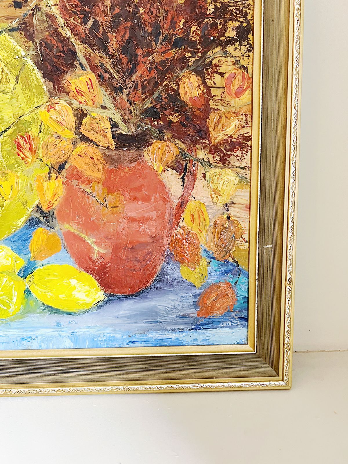 Vintage Jug And Lemons Oil Painting Framed photo for sale