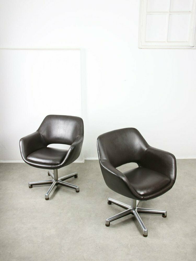 Mid Century Chocolate Brown Leather Swivel Chair photo for sale