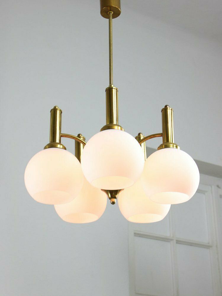 Mid Century Italian Brass And Opaline Chandelier photo 858.0
