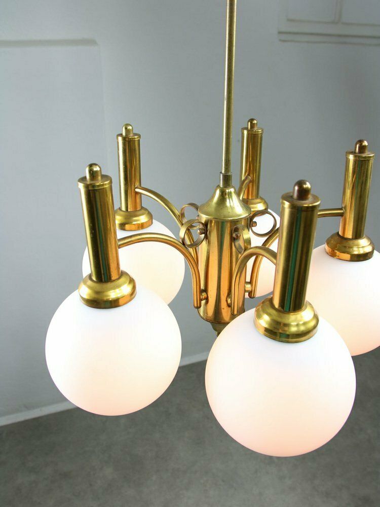 Mid Century Italian Brass And Opaline Chandelier photo vinterior