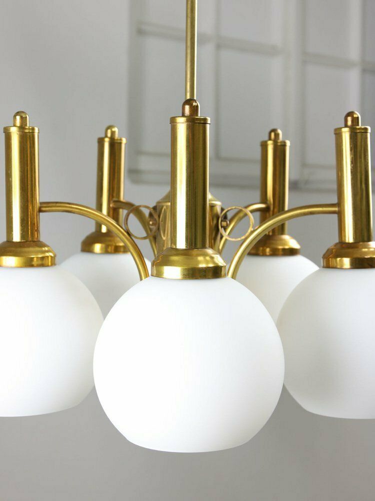 photo for sale Mid Century Italian Brass And Opaline Chandelier