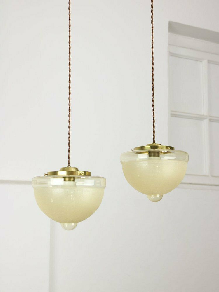 Mid Century Italian Brass And Glass Pendant Lamps, Set Of 2