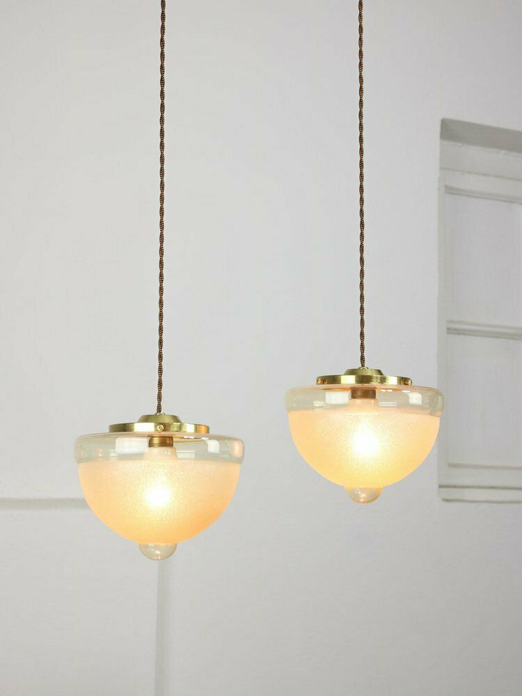 Mid Century Italian Brass And Glass Pendant Lamps, Set Of 2 photo vintage