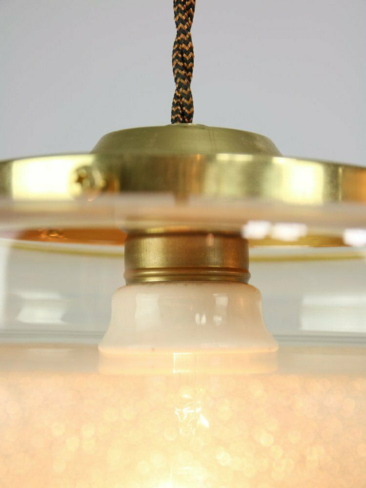 989.0 Mid Century Italian Brass And Glass Pendant Lamps, Set Of 2 photo