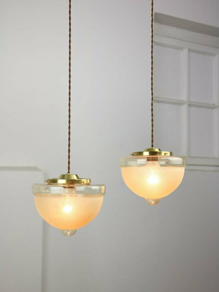 photo vintage Mid Century Italian Brass And Glass Pendant Lamps, Set Of 2