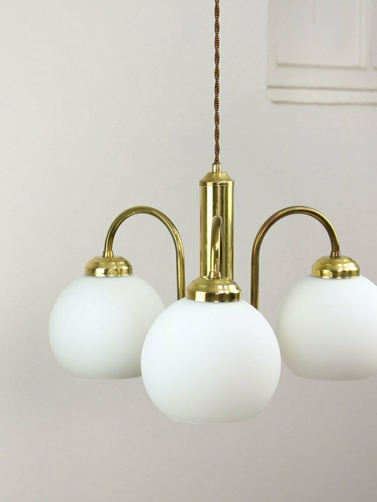 852.0 Mid Century Italian Brass And Opaline Chandelier photo