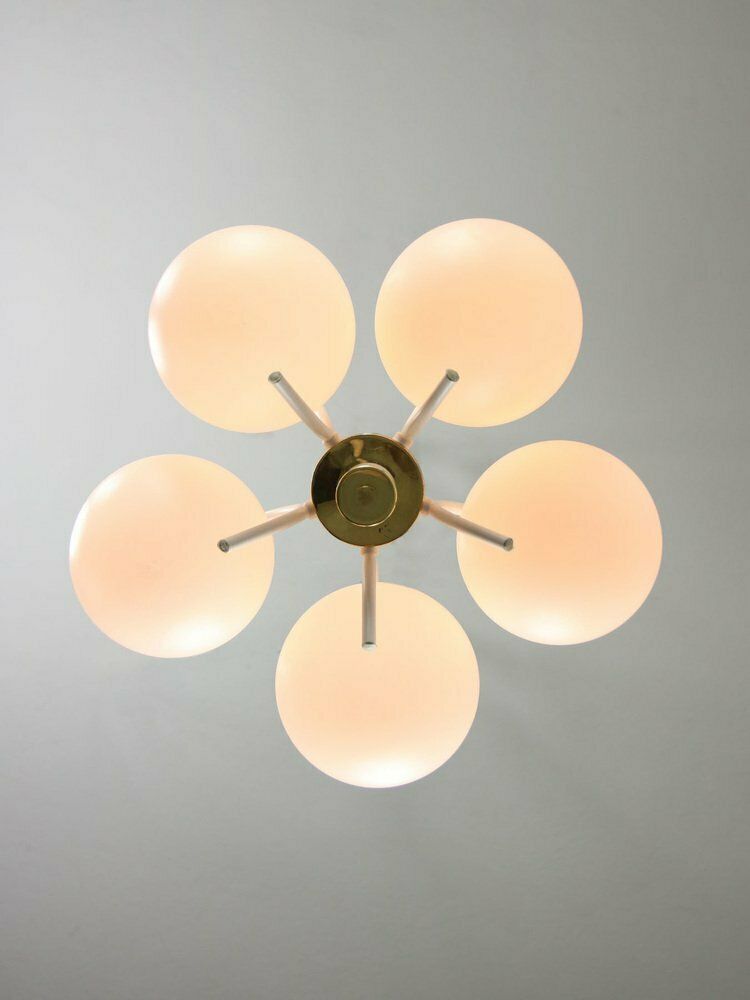 Mid Century Italian Modern Brass And Opaline Chandelier photo Lighting