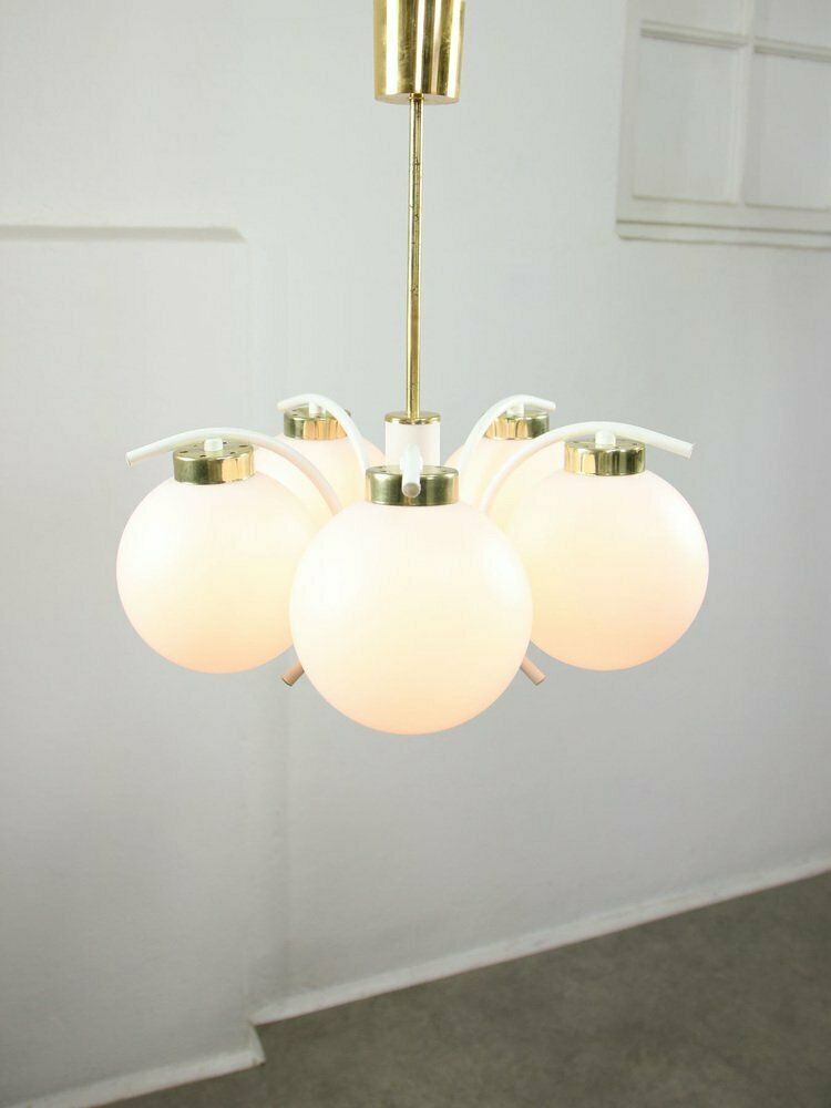 photo vinterior Mid Century Italian Modern Brass And Opaline Chandelier