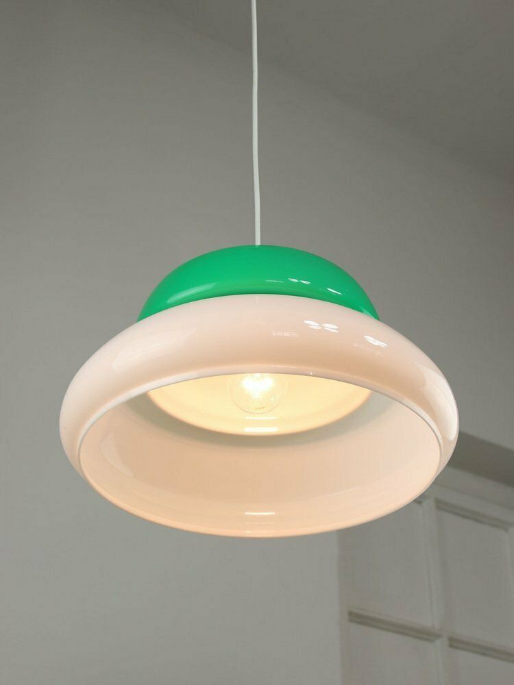 Italian Space Age Ceiling Lamp In Green In White & Green Acrylic Glass And Chrome, 1970s photo for sale