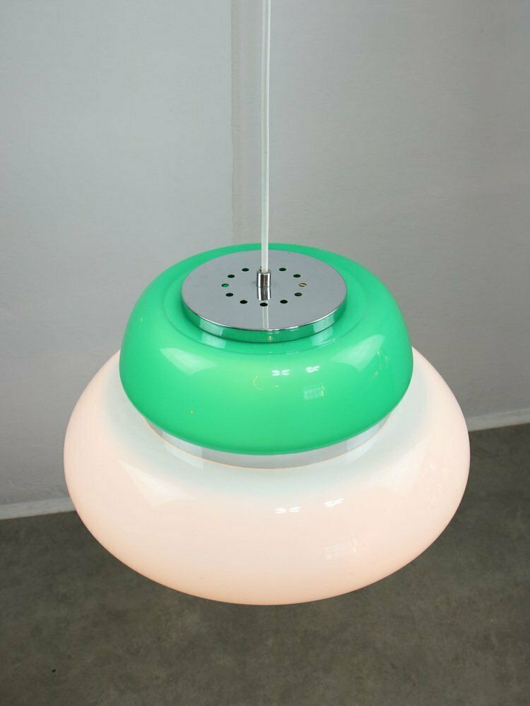 photo furniture Italian Space Age Ceiling Lamp In Green In White & Green Acrylic Glass And Chrome, 1970s
