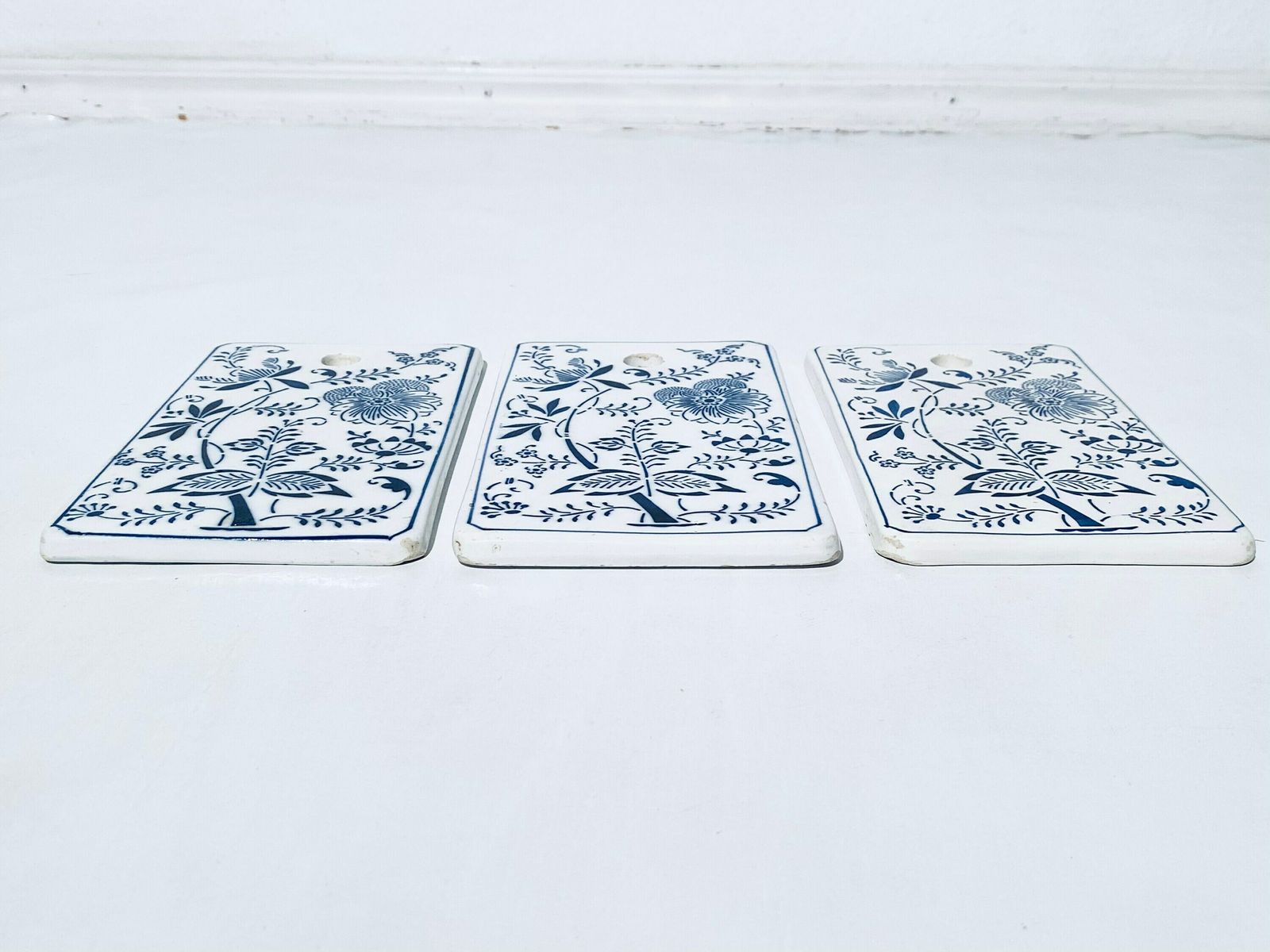 Three Merazzi White & Blue Ceramic Pot Set Tiles With Onion Motif / Vintage Decor photo vintage