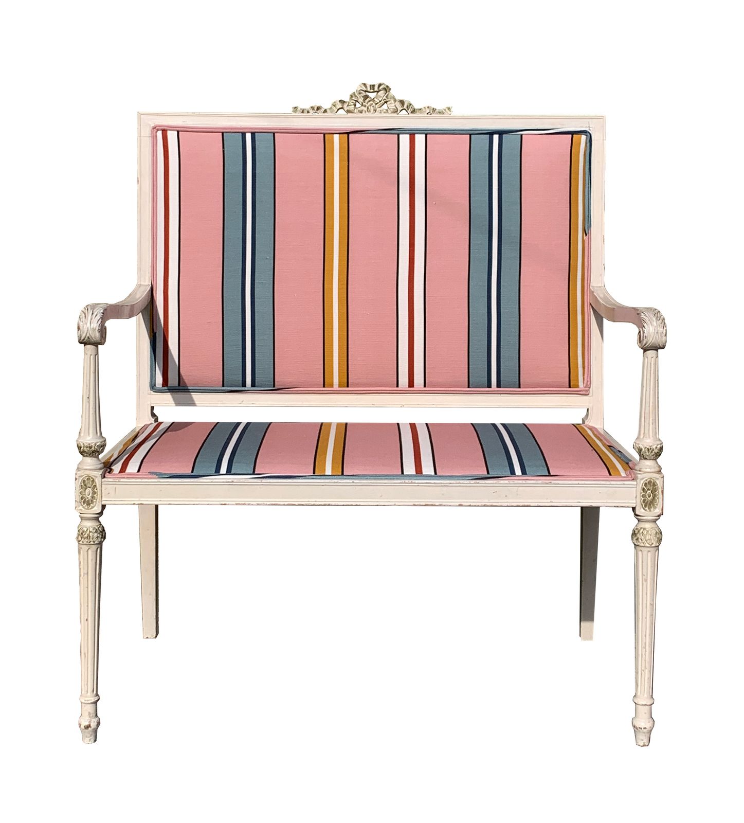 photo furniture Antique French Settee Little Sofa Neo Classical Style With Striped Pink Ottoline Fabric