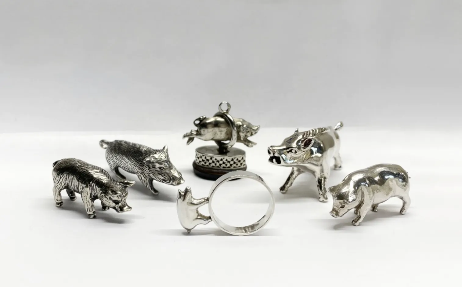 Collection Of Six Miniature Silver Pigs & Wild Boar