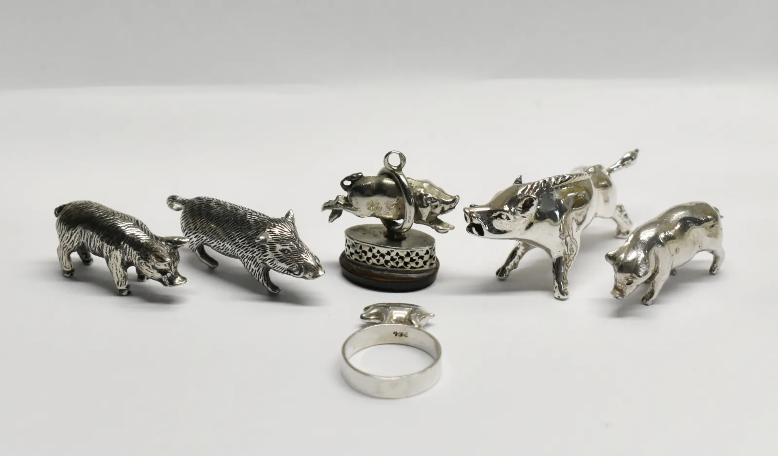 Collection Of Six Miniature Silver Pigs & Wild Boar photo furniture