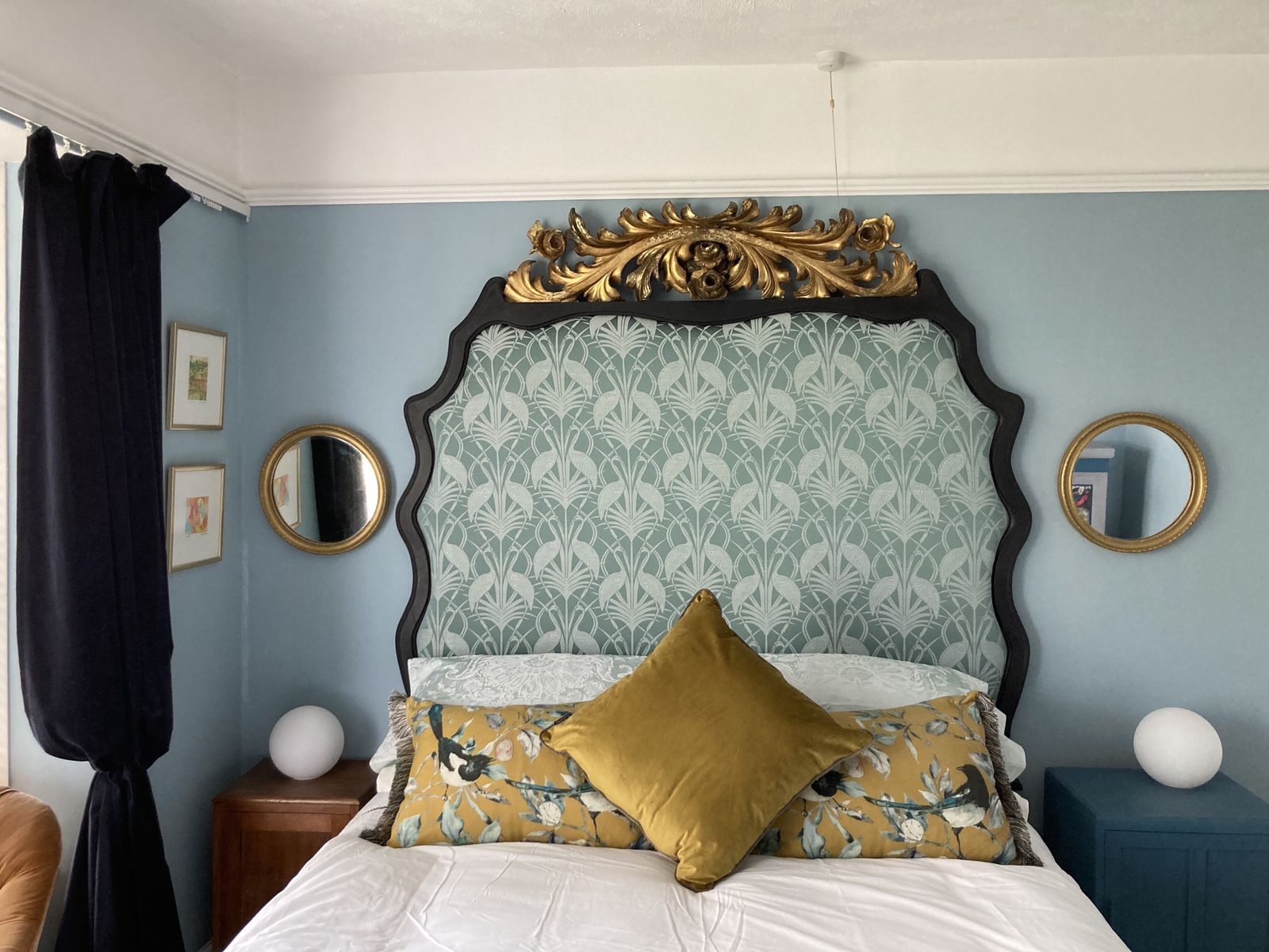 Beautiful Re  Upholstered Giltwood Italian 5ft Headboard