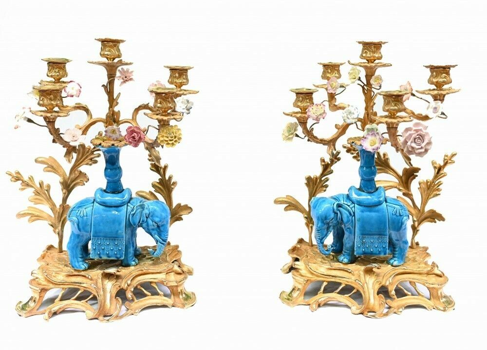 Pair Regency Porcelain Elephant Candelabras Gilt 1880