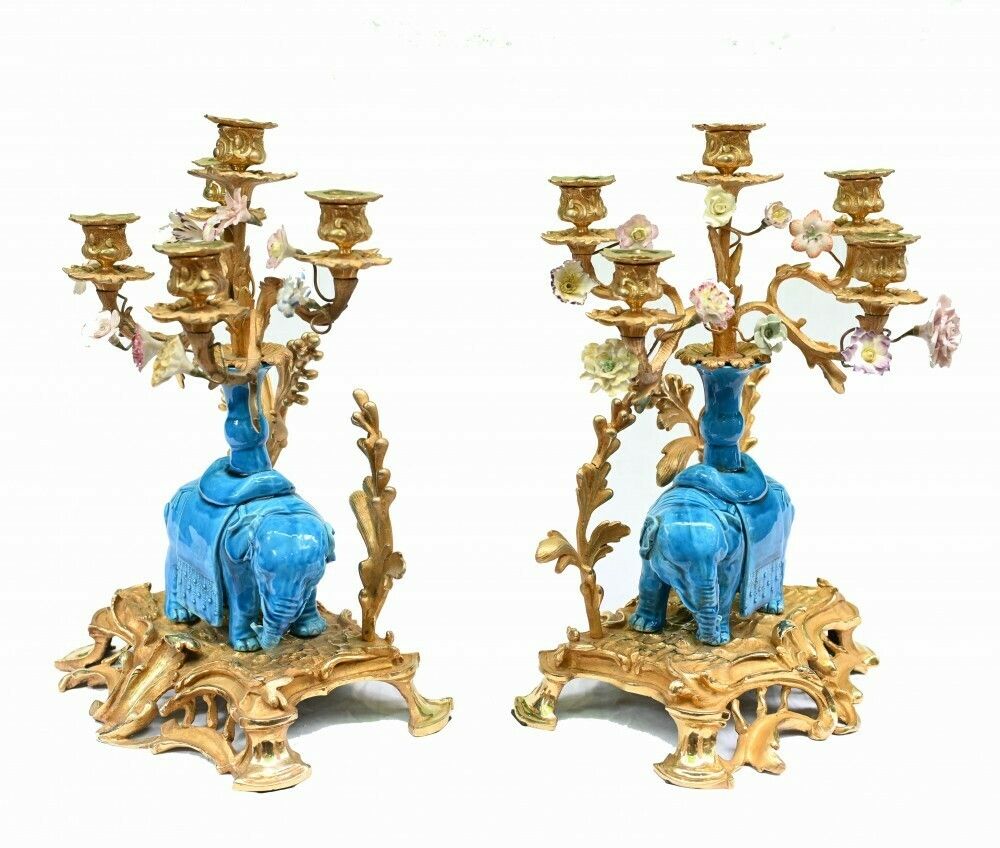 Pair Regency Porcelain Elephant Candelabras Gilt 1880 photo furniture