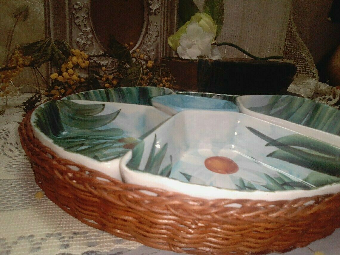 Vintage Ceramic Snack Tray With Wicker Tray, Rattan And Porcelain Mezze Server, Hand Painted Snack Serving Tray photo vintage