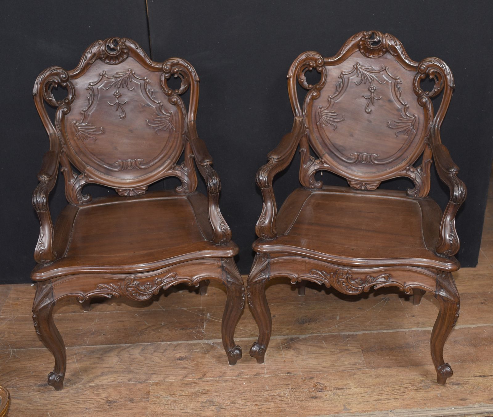 Furniture Pair Art Nouveau French Hard Wood Arm Chairs photo