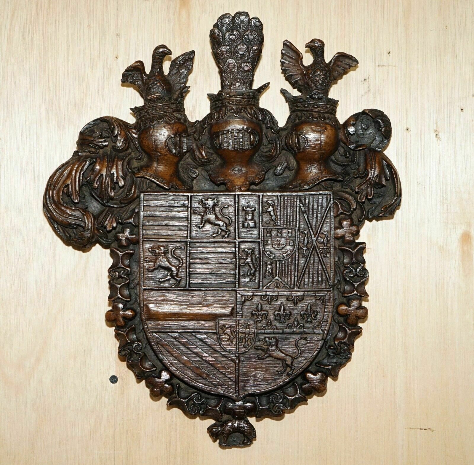 Antique Royal Hand Carved English Oak Armorial Coat Of Arms Crowns Eagles
