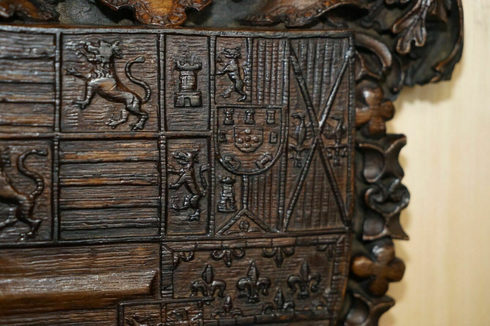 photo for sale Antique Royal Hand Carved English Oak Armorial Coat Of Arms Crowns Eagles